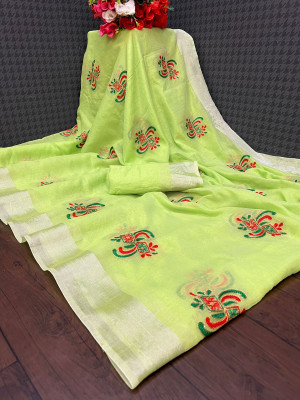 KRIVITY Embroidered Chanderi Cotton Linen Saree(Light Green)
