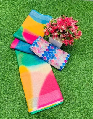 VCREATION Digital Print Bollywood Cotton Linen Saree(Multicolor)