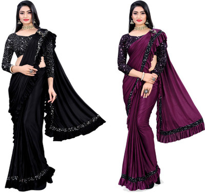 HARIOM FASHION Solid/Plain Bollywood Lycra Blend Saree(Pack of 2, Purple, Black)