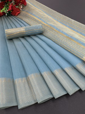 GOGAJI COLLECTION Temple Border, Woven Kanjivaram Cotton Silk, Chanderi Saree(Blue)