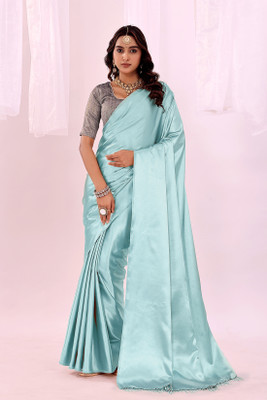Suali Solid/Plain Bollywood Satin Saree(Light Blue)