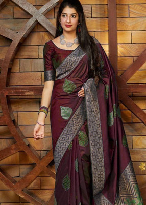 Rudr Venture Self Design Banarasi Cotton Silk Saree(Maroon)