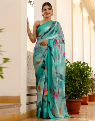 Samah Digital Print, Printed, Embellished Bollywood Georgette Saree(Blue)