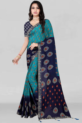 Leelavati Floral Print Bollywood Georgette Saree(Dark Blue)