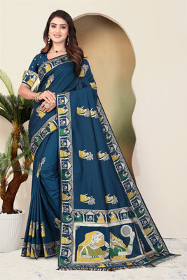 Bindi Woven, Self Design Banarasi Nylon, Art Silk Saree(Blue)