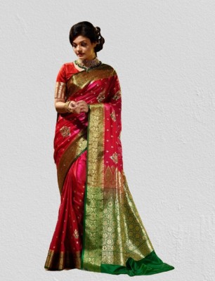 Dulhan Collection Embroidered Banarasi Satin Saree(Red)