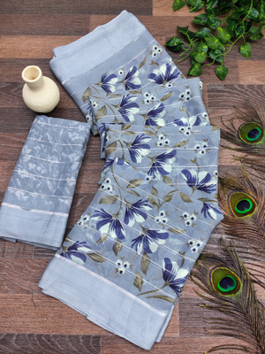 kashvi sarees Floral Print Saree with Attached Blouse Georgette, Satin Saree(Grey)