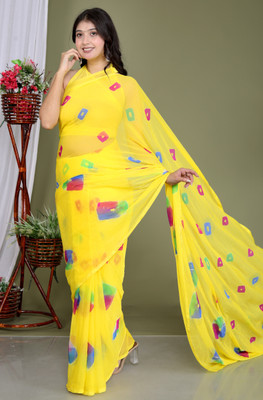 Ashwamegh Creation Checkered, Geometric Print, Self Design, Embellished, Printed Bandhani Chiffon Saree(Yellow)