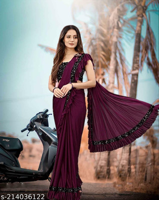 PLEXSTAR Solid/Plain Bollywood Lycra Blend Saree(Purple)
