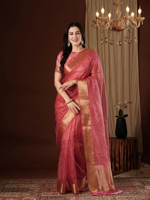 AKSHAR PATRON ENTERPRISE Solid/Plain Bollywood Organza Saree(Pink)