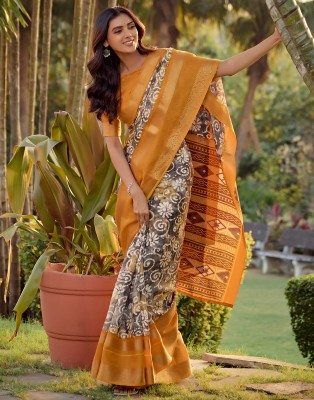 Satrani Printed, Woven Bollywood Cotton Silk Saree(Yellow, Grey)