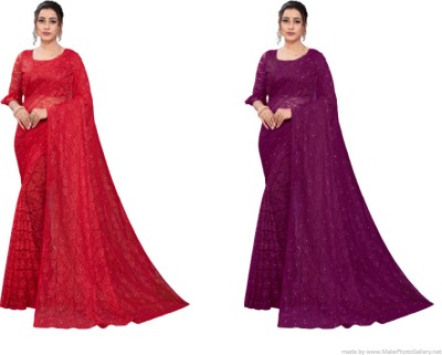 Nilkanthvarni Creation Self Design Bollywood Net Saree(Pack of 2, Red, Purple)