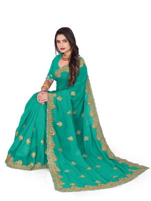 BUTTERSILK FASHION Embroidered Bollywood Georgette Saree(Dark Green)