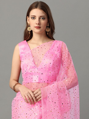 color bucket Polka Print Bollywood Net Saree(Pink)