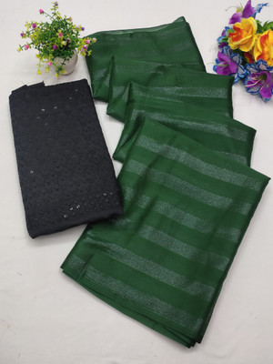 RichPanther Striped Bollywood Chiffon Saree(Green)