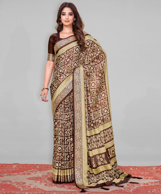 Sareemall Printed Chanderi Silk Blend Saree(Brown)