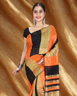 Desh Bidesh Color Block Handloom Handloom Cotton Blend, Pure Silk Saree(Black)