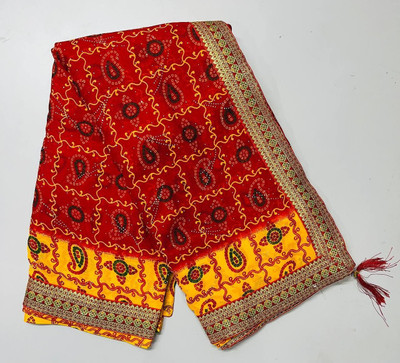 Laxmi Fashion Paisley, Printed Bandhani Jacquard, Cotton Silk Saree(Red, Yellow)