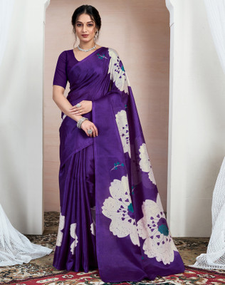 SIRIL Floral Print, Printed Daily Wear Cotton Blend Saree(Purple)