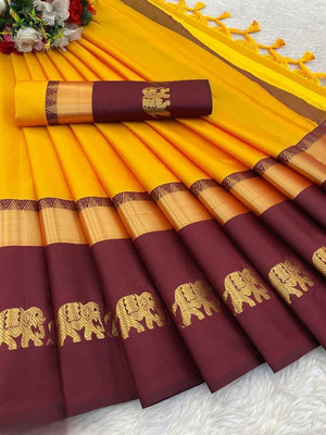 NST5 Woven Maheshwari Pure Cotton Saree(Gold, Mustard)