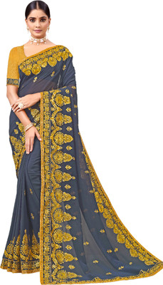 KHRITI FAB Embroidered, Floral Print Bollywood Net Saree(Grey)
