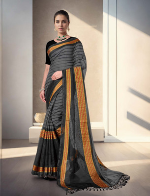 Divastri Striped Bollywood Polyester Saree(Grey)