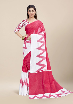 JAINICA Printed Daily Wear Cotton Blend Saree(Red, White)