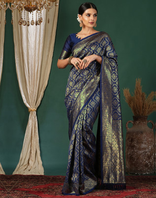 Divastri Woven, Embellished Kanjivaram Silk Blend, Jacquard Saree(Blue)