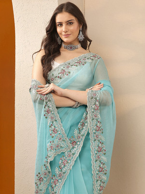 LIBAS Embroidered Daily Wear Chiffon Saree(Blue)