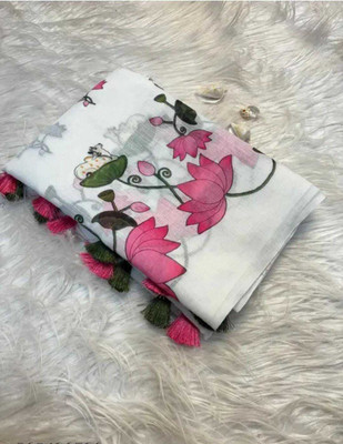 Sarthi Fashion Floral Print, Printed Bollywood Cotton Linen Saree(White)