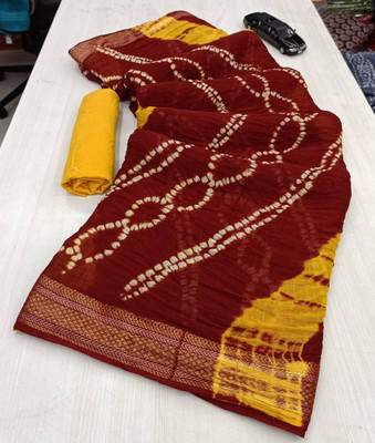 ISHWAR CREATION Printed Bandhani Cotton Blend Saree(Red)