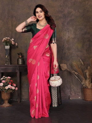 RAJESHWAR FASHION Woven Kanjivaram Jacquard Saree(Pink, Dark Green)