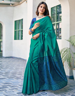 Anmi Woven, Embellished Banarasi Jacquard, Silk Blend Saree(Green, Blue)