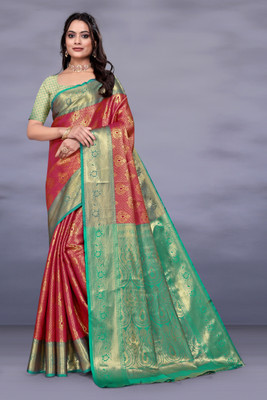 SHREE NATH CREATION Woven Banarasi Cotton Silk Saree(Maroon, Green, Red)
