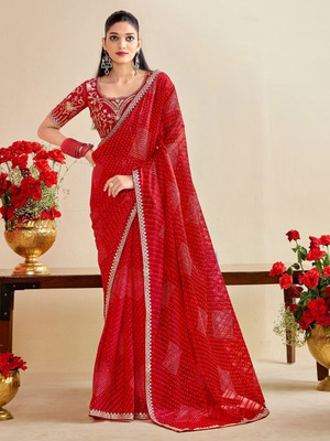 ROOP SUNDARI SAREES Printed, Embroidered Bandhani Chiffon Saree(Red)