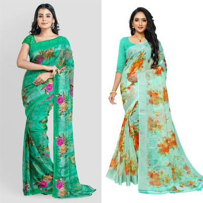 Ruhabs Floral Print Daily Wear Cotton Blend Saree(Pack of 2, Multicolor)