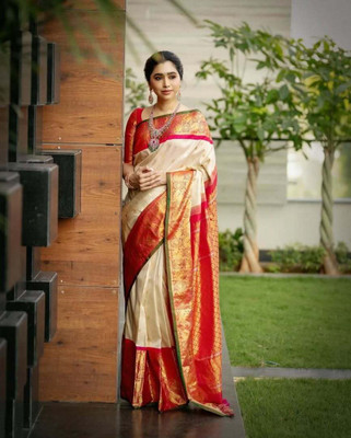 Aquiliq Self Design Banarasi Silk Blend Saree(White)