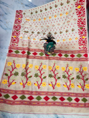 SAHA TEXTILE Floral Print, Striped, Woven, Geometric Print Jamdani Cotton Blend Saree(White)