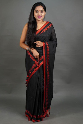 Alanka Woven, Solid/Plain Handloom Pure Cotton Saree(Black)