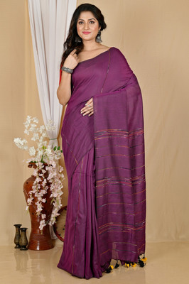 eC ESHA'S COLLECTION Printed Handloom Cotton Blend Saree(Purple)