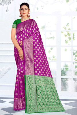 Radharani fusion Self Design Paithani Cotton Silk Saree(Magenta, Green)
