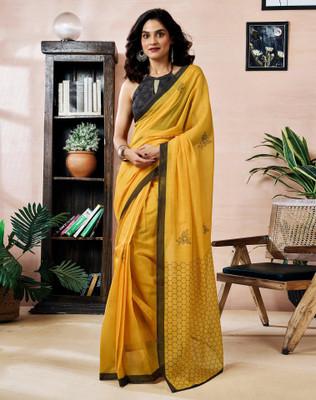 Tasrika Striped Daily Wear Chanderi, Cotton Linen Saree(Yellow)