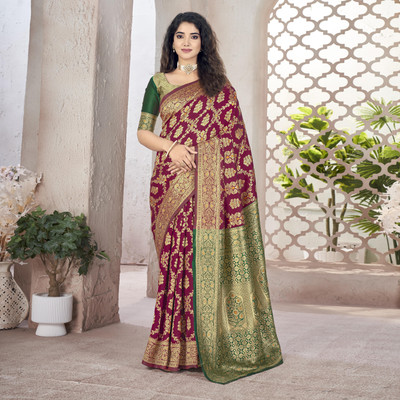 Shreyansh creation Woven Banarasi Silk Blend Saree(Maroon, Green)