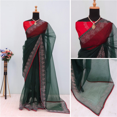 JENNYFEB Embellished Bollywood Supernet Saree(Green)