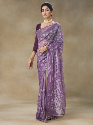 FABMORA Embroidered Bollywood Net Saree(Purple)