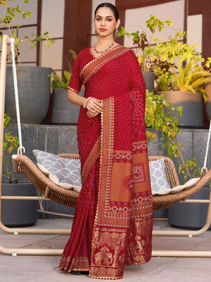 Nayanthara Trends Printed Bandhani Cotton Silk Saree(Red)