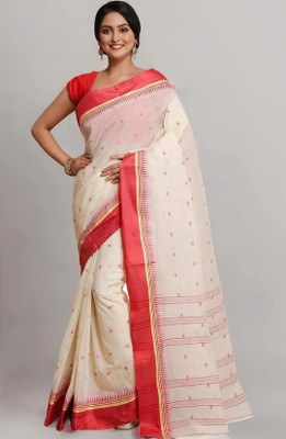 Sutayan Woven Tant Pure Cotton Saree(White, Red)