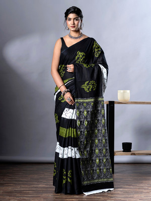 NaiNath Fab Printed Handloom Pure Cotton Saree(Black)