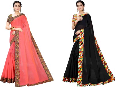 manish Solid/Plain Chanderi Cotton Blend Saree(Pack of 2, Pink, Black)