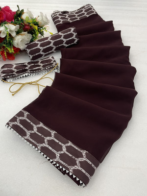 PRETTYAGE Printed Banarasi Georgette Saree(Brown)